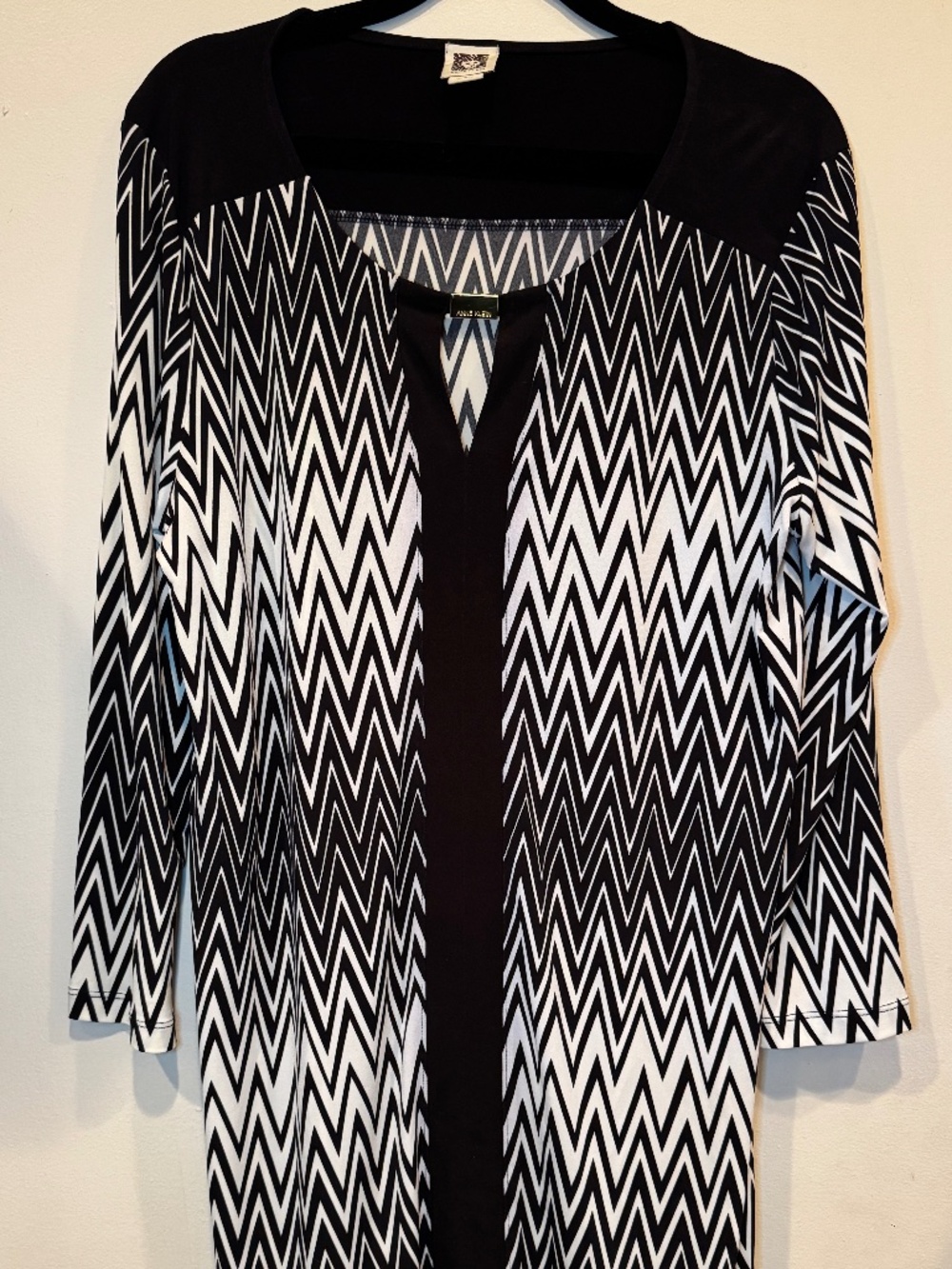 Anne Klein Black & White Chevron Tunic Short Dress 3/4 Sleeve